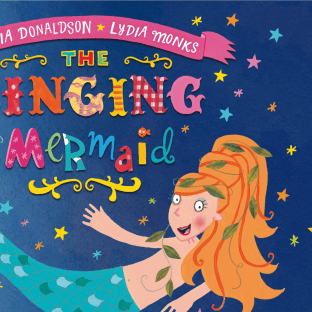 A cartoon mermaid swimming under title The Singing Mermaid