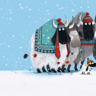 Family of cartoon Yaks in winter clothes