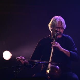 Man with moustache plays the fiddle