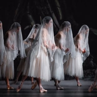 Ballerinas dancing on stage in white dresses and veils