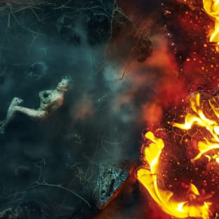 A female figure surrounded by darkness and fire