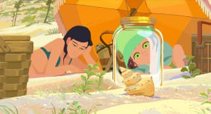 Cartoon girl looking at a jar on the beach