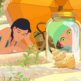 Cartoon girl looking at a jar on the beach